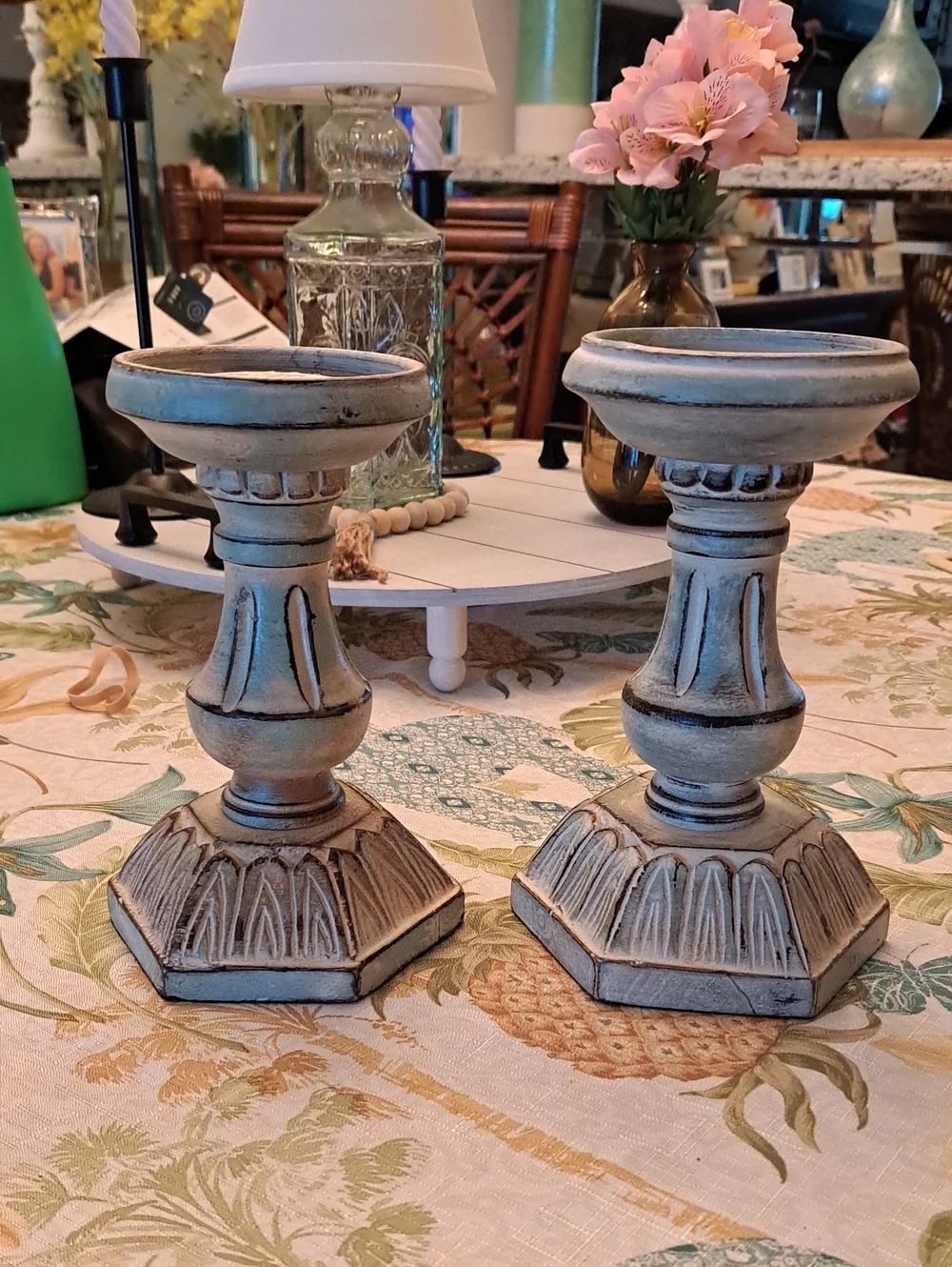 Distressed Blue Wooden Candle Holders Pair - Home Accents